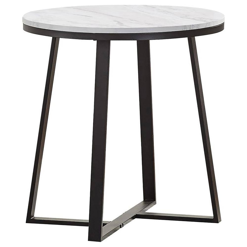 Hugo Round White Faux Marble and Black Metal End Table