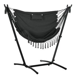 6 ft. Outdoor Hammock Chair Portable Rope Swing Chair Fabric Hammock with Stand,Side Pocket, Headrest, for Outside,Gray
