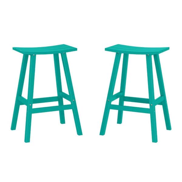 Franklin Turquoise 24 in. Poly HDPE Fade Resistant Outdoor Patio Saddle Seat Counter Height Bar Stool (Set of 2)
