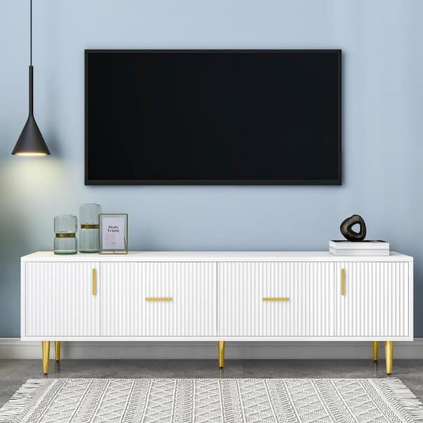 Polibi White TV Stand Fits TV's up to 75 in. with 5 Champagne Legs