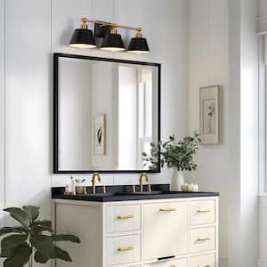 Modern 24.6 in. 3-Light Black Vanity Light with Bell Black Metal Shades Brass Wall Light for Bathroom and Powder Room