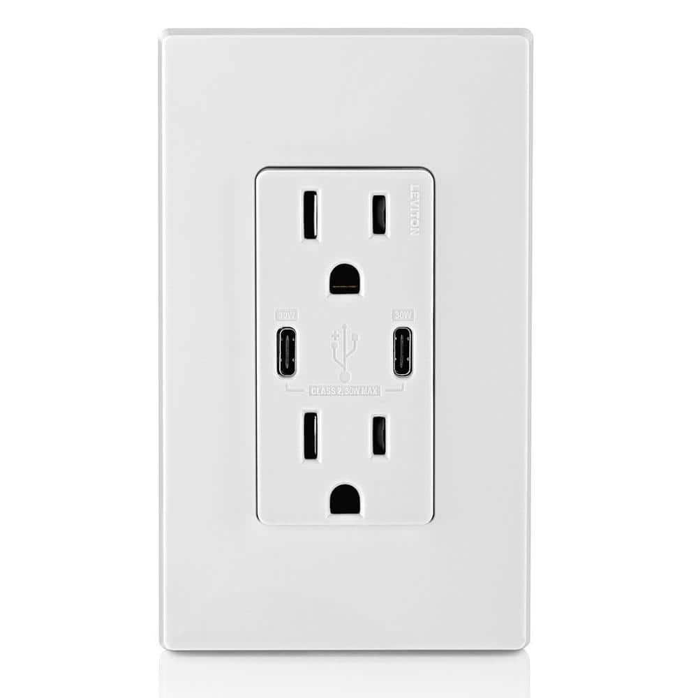 White 15A Tamper-Resistant Outlet with Dual USB Type-C Ports