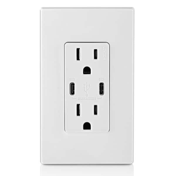 Leviton      30-Watt 6 Amp USB Dual Type-C with Power Delivery In-Wall Charger/15 Amp 125-Volt Tamper-Resistant Outlet, White