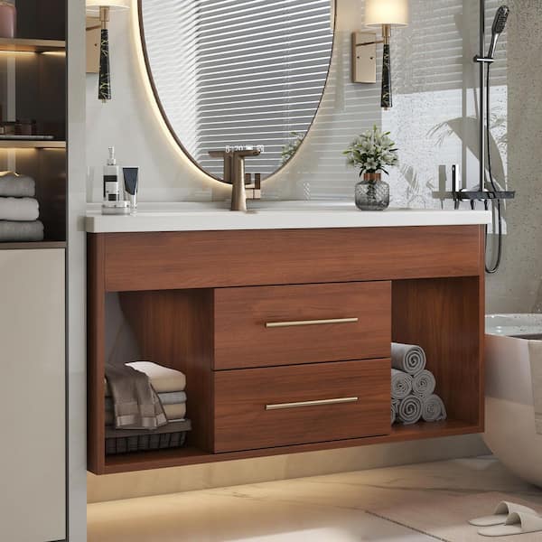 35.4 in. Single Sink Floating Walnut Bath Vanity with White Cultured Marble Top