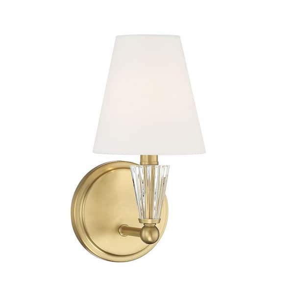 TUXEDO PARK LIGHTING 5.5 in. W x 11.5 in. H 1-Light Natural Brass Wall Sconce with White Fabric Shade and Faceted Crystal Accents