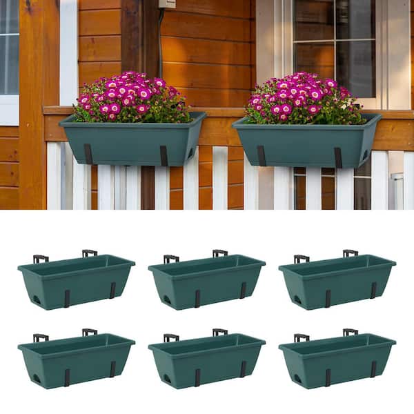Oumilen Hanging Flowerpots for Balustrades Plastic Window Planter Holder with Removable Hooks, Black and Green (6-Pieces)