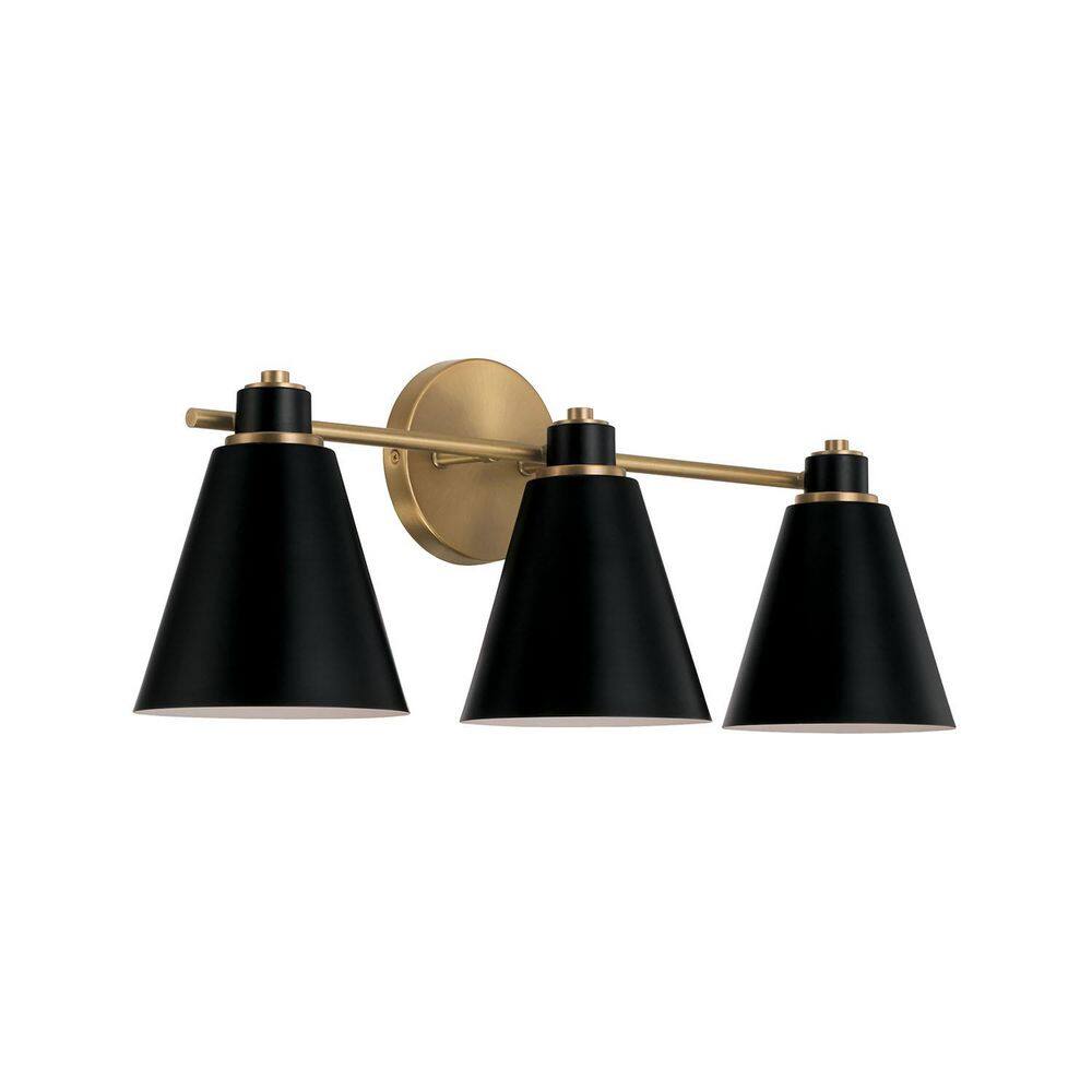 Bradley 24 in. W x 9 in. H 3-Light Aged Brass Vanity Light with Black Metal Shade with White Interior price history on PriceWatchPro