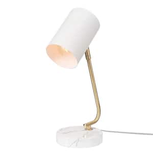 Athena 15 in. White Desk Lamp with Brass Arm and White Faux Marble Base