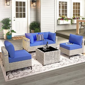 Apollo 5-Piece Wicker Outdoor Patio Conversation Seating Set with Navy Blue Cushions