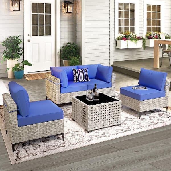 Apollo 5-Piece Wicker Outdoor Patio Conversation Seating Set with Navy Blue Cushions