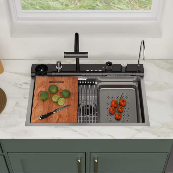 30 in. Drop-In Single Bowl 16-Gauge Brushed Stainless Steel Waterfall Workstation Kitchen Sink with Pull-Out Faucet