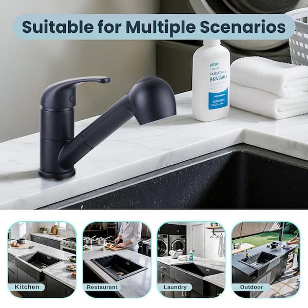 6.8 in. Single Handle Pull Out Sprayer Kitchen Faucet with Deckplate Included and 360 Degree Spout Swivel in Matte Black