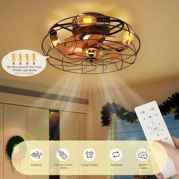 20 in. Smart Indoor Industrial Matte Caged Low Profile Standard Black Flush Mount Ceiling Fan with Integrated LED