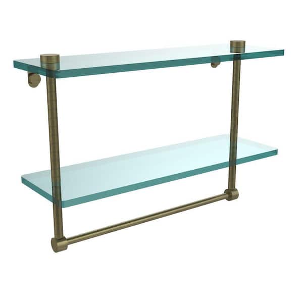16 in. L x 12 in. H x 5 in. W 2-Tier Clear Glass Vanity Bathroom Shelf with Towel Bar in Antique Brass