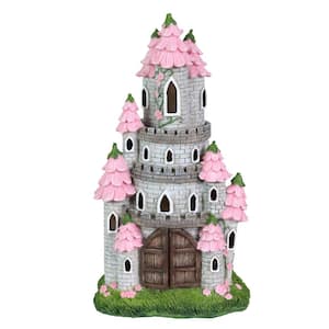Solar Hand Painted Fairy Castle, Pink Petal Roof, 5.5 by 10 in. Garden Statue