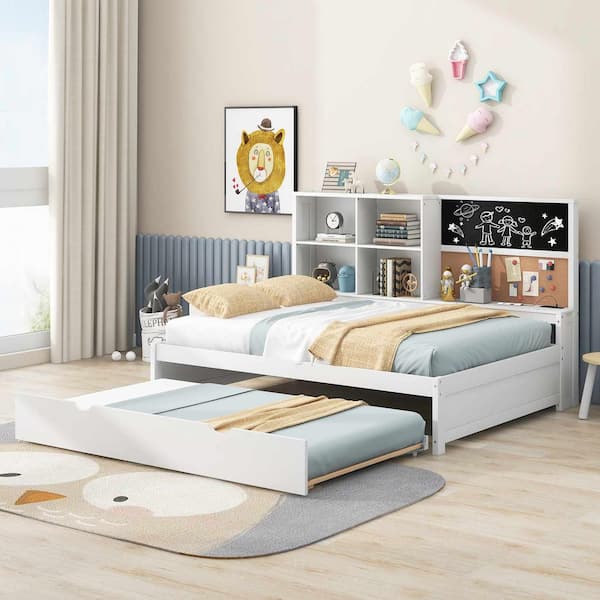 Polibi White Full Size Daybed with Storage Shelves, Blackboard, Cork board, USB Ports and Twin Size Trundle