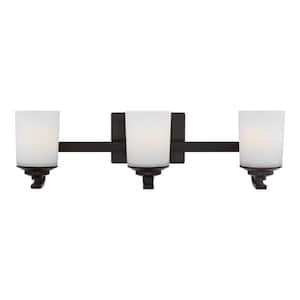Kemal 24 in. 3-Light Bronze Traditional Wall Bathroom Vanity Light with Etched White Glass Shades