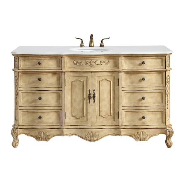Unbranded Simply Living 60 in. W x 21 in. D x 36 in. H Single Sink Bath Vanity in Antique Beige with Ivory White Engineered Marble