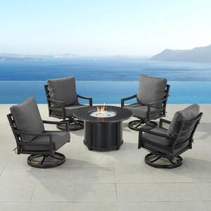 Black 7-Piece Aluminum Patio Fire Pit with 4-Club Chairs Black Cushions