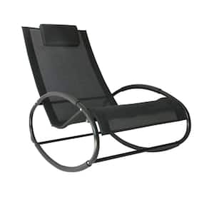 1-Piece Pool Lounger Sling Rocking Steel Outdoor Lounge Chair in Black for Sunbathing, Pool, Beach and Porch