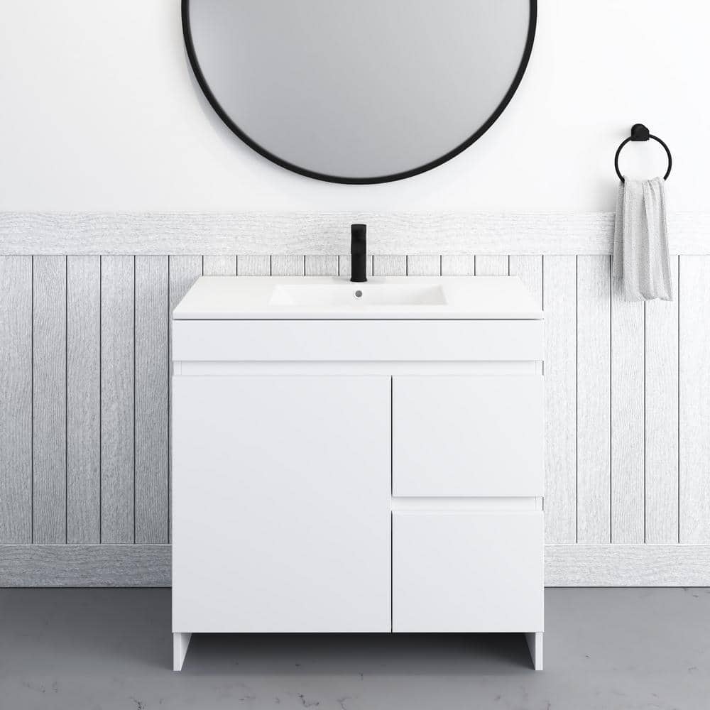 Mace 40 in. W x 18 in. D x 34 in. H Bath Vanity in White with White Ceramic Top and Right-Side Drawers price history on PriceWatchPro