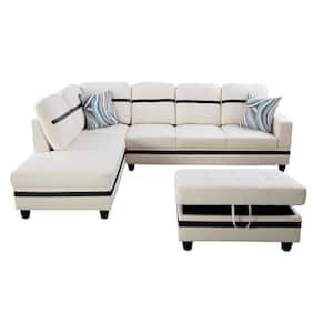 104 in. Square Arm 3-Piece Faux Leather L-Shaped Sectional Sofa in White/Black