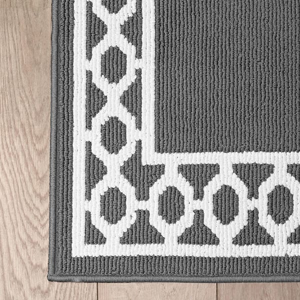 Machine Washable Non-Skid Dark Gray/White  2.2 ft. x 5 ft. All Loop Tufted Area Rug