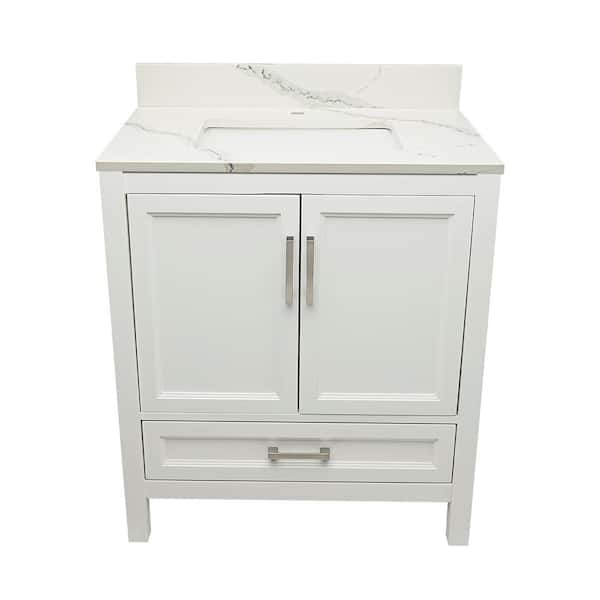 Ella Nevado 37 in. W x 22 in. D x 36 in. H Single Sink Bath Vanity in White with Calacatta White Quartz Top single hole
