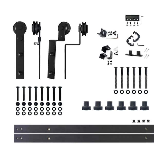 HOMACER 9 ft./108 in. Black Rustic Single Track Bypass Sliding Barn Door Hardware Kit Straight Design Roller for Double Doors