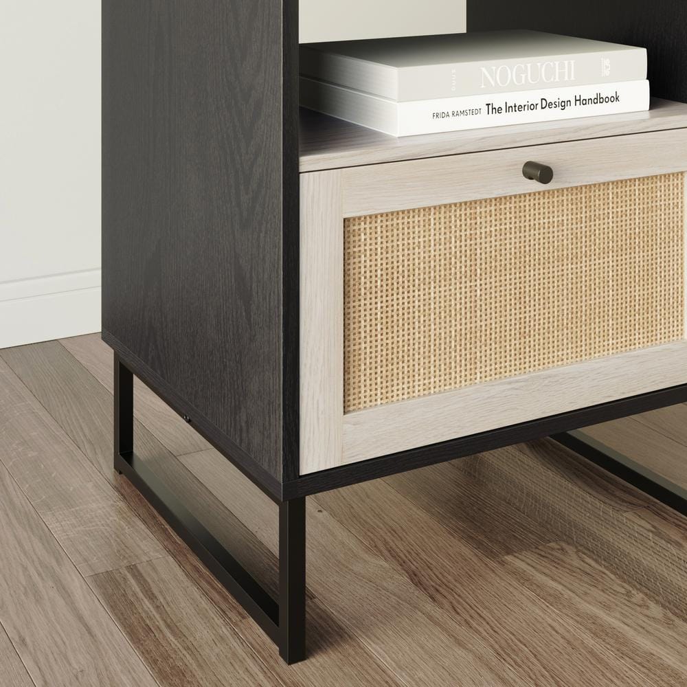 Mina Black Oak and Rattan Storage Accent Table