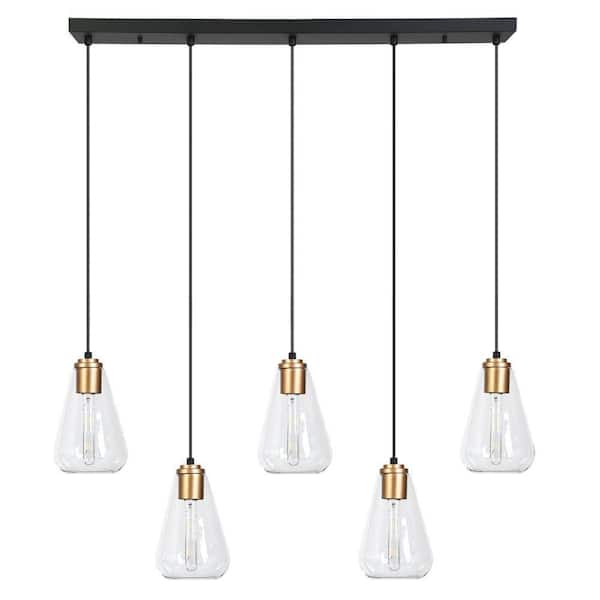 Modern 41.7 in. W 5-Lights Black linear Island Lamp, DIY Dark Gold Kitchen Island Pendant Light with Clear Glass Shade
