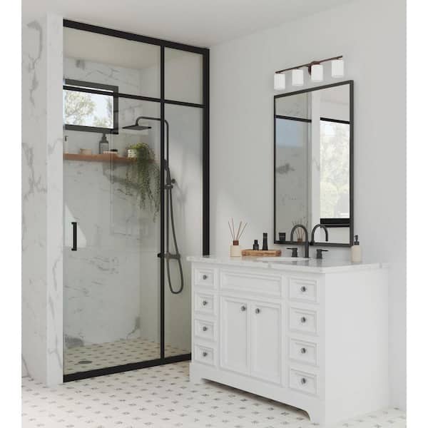 Replay Collection 31 in. 4-Light Antique Bronze Etched Glass Modern Bathroom Vanity Light