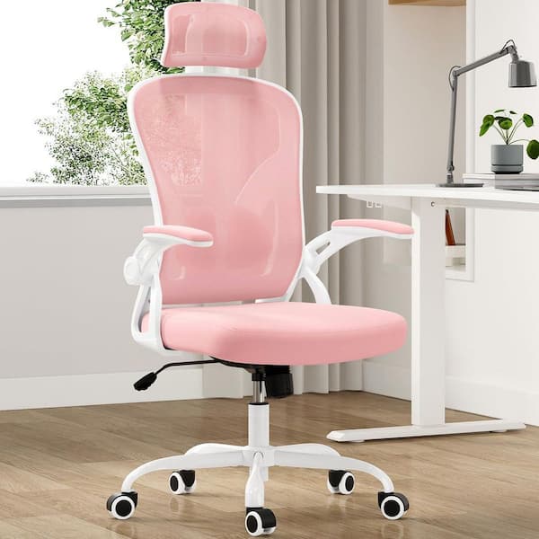 Lirago Mesh Swivel Adjustable Height Ergonomic Task Chair in Light Pink with Adjustable Headrest for Home or Office