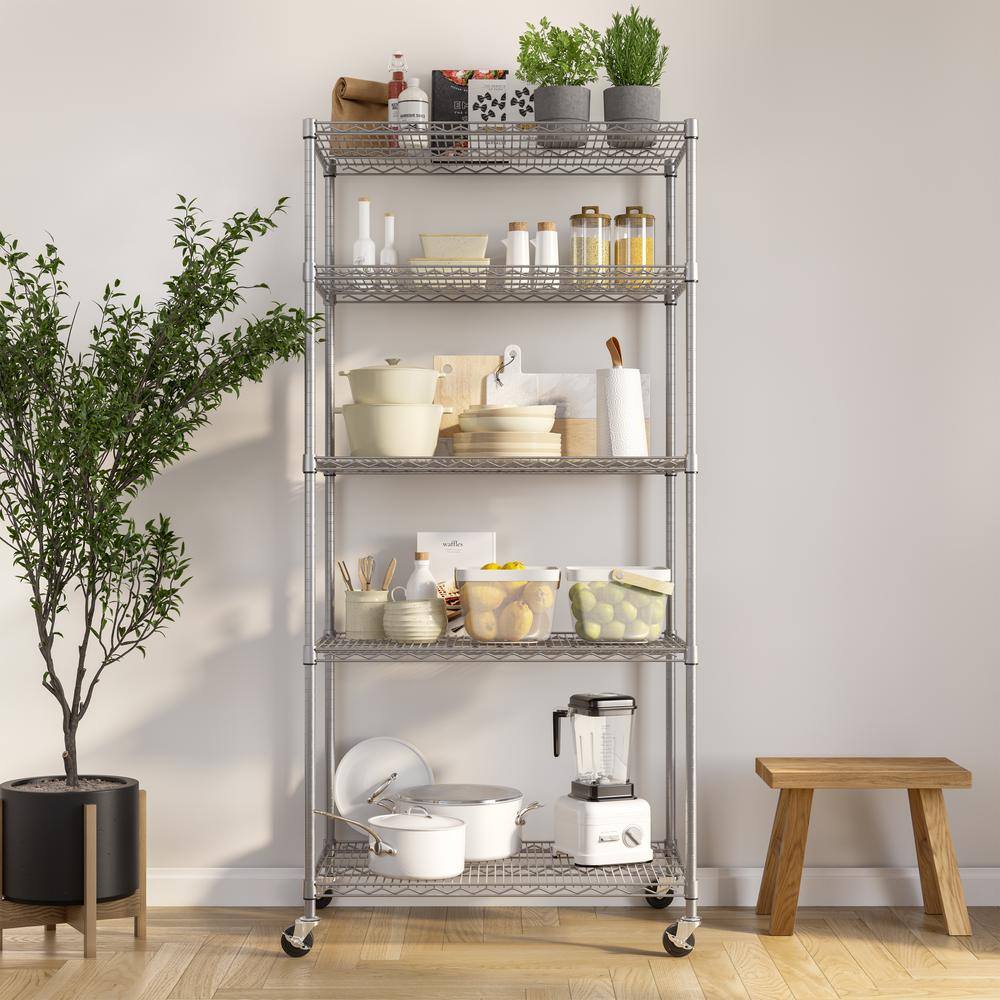 UltraDurable 5-Tier NSF-Certified Steel Wire Shelving with Wheels, 36" x 24"