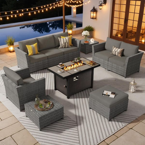 XIZZI Alpenrose 10 Pieces Wicker Outdoor Patio Rectangular Fire Pit Set with Dark Gray Cushions