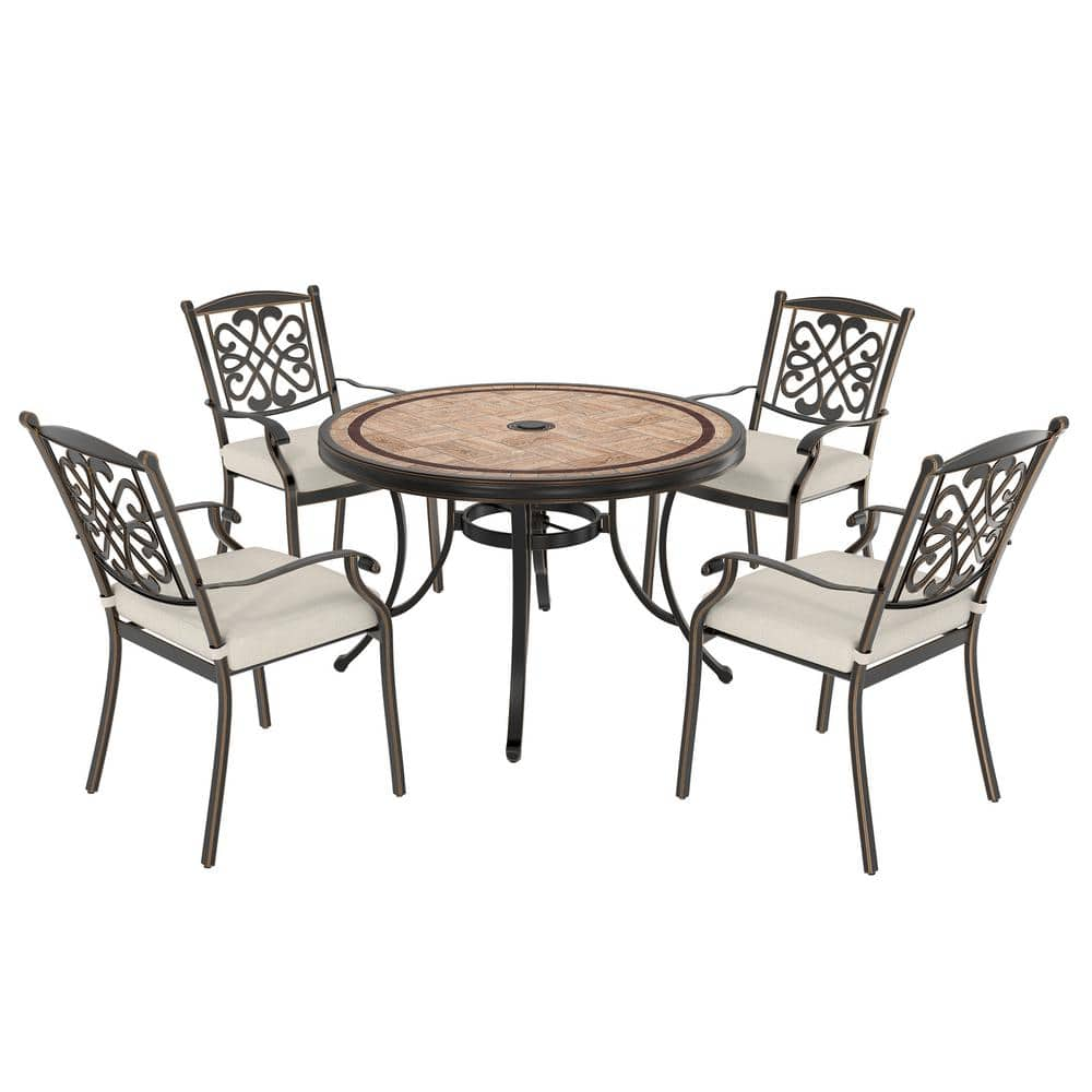 5-Piece Cast Aluminum Outdoor Dining Set with Round Tile Dining Table and Flower-Shaped Back Chairs with Beige Cushions -  Clihome, CLOD011026BE-B