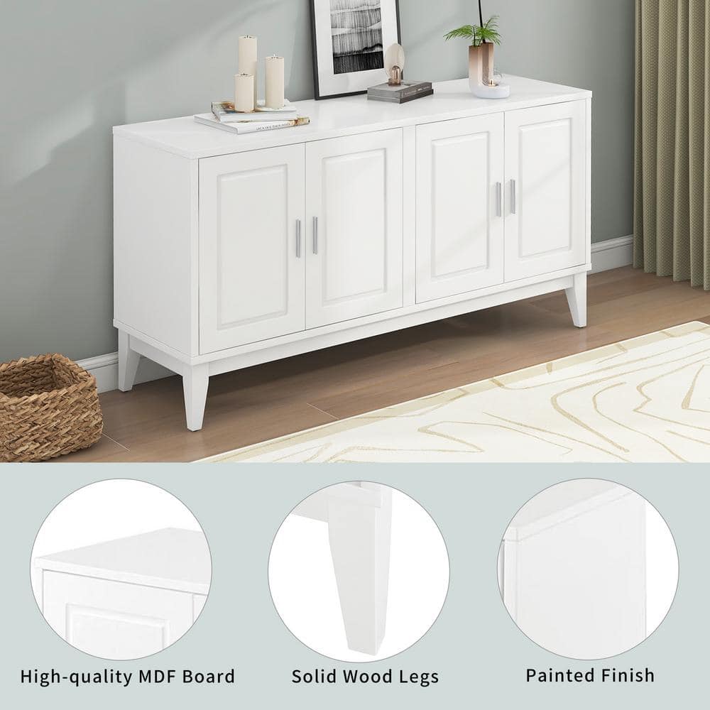 White 60" Modern 4-Door Wood Sideboard with Adjustable Shelves