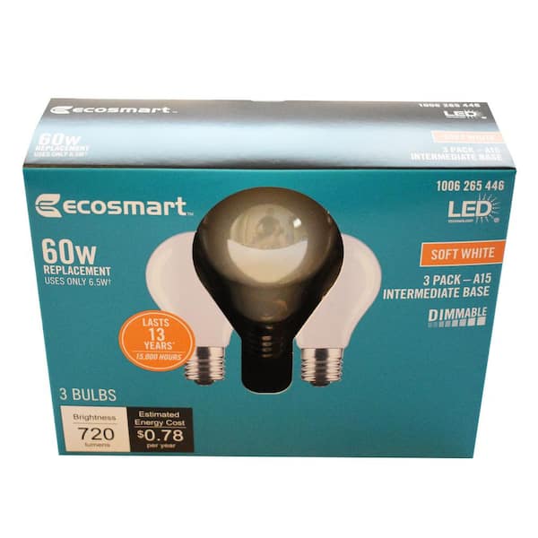 3-Pack EcoSmart 60-Watt Equivalent A15 Dimmable Frosted Glass Decorative Filament Vintage Edison LED Light Bulb Soft White 