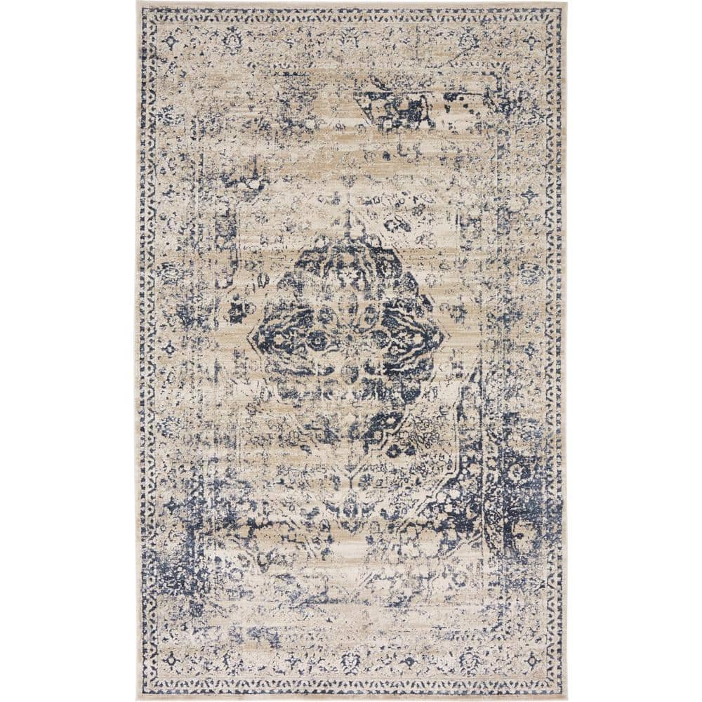 Eliza Blue and Beige Rectangular Stain-Resistant Area Rug