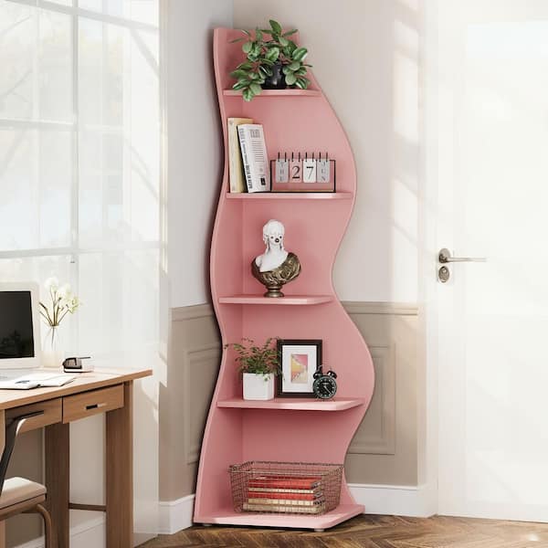 Modern 70 in. Tall Pink Wood 5-Shelf Corner Bookcase with Ample Storage and Space-Saving Design for Living Room, Office