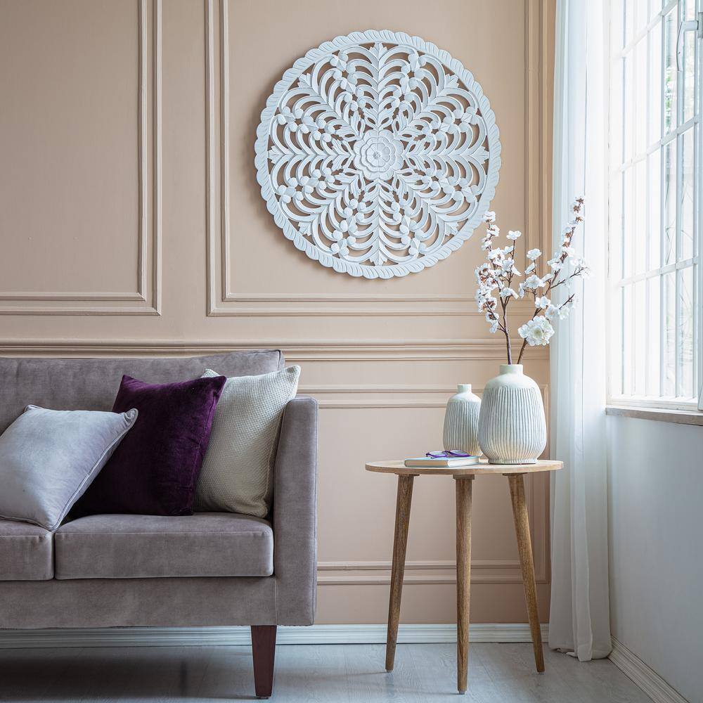 Lottie White Round Wood Bohemian Wall Medallion, 30-Inches