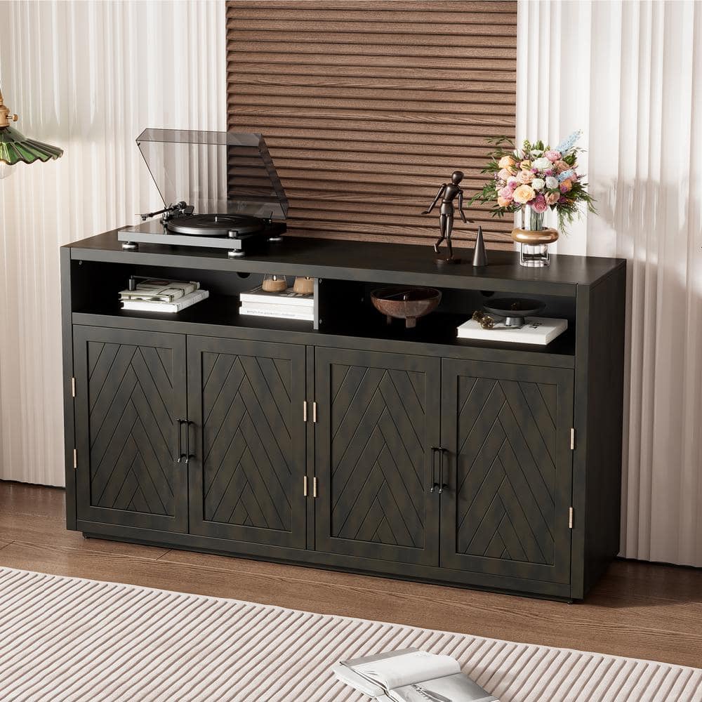 Grey Brown Wood 60 in. W Sideboard with Open Storage Adjustable Shelves and
