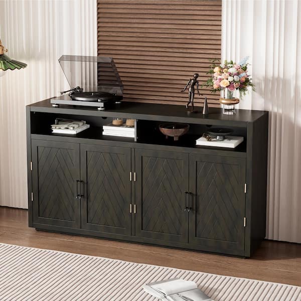 Unbranded Grey Brown Wood 60 in. W Sideboard with Open Storage Adjustable Shelves and Handles, Large Storage Space Buffet Cabinet