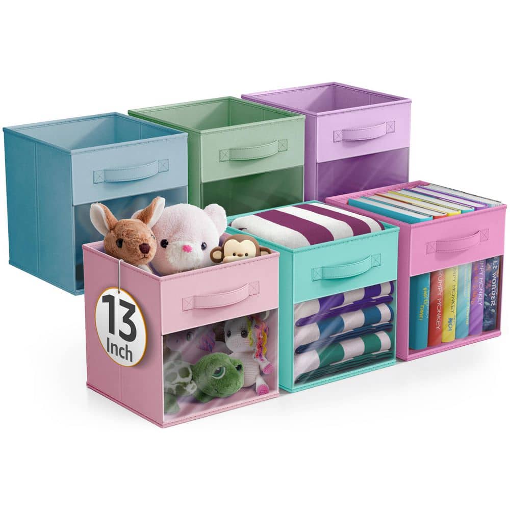 Large Foldable Storage Bins with Window and Handles, Multicolored 13 in. x 