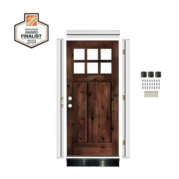 DIY 36 in. x 80 in. Alder Right-Hand 6-Lite Clear Glass Red Mahogany Stain Wood Front Door Kit w/ Quick Assemble Jamb