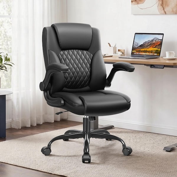 Leather Cushioned Ergonomic Chair in Black with Adjustable Armrests and Backrest, SGS-Certified Gas Lift Task Chair
