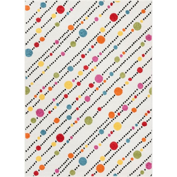 Well Woven StarBright Dandy Dots and Stripes White 8 ft. x 11 ft. Kids Area Rug