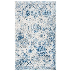 Madison White/Royal Blue Doormat 2 ft. x 4 ft. Border Floral Medallion Geometric Area Rug