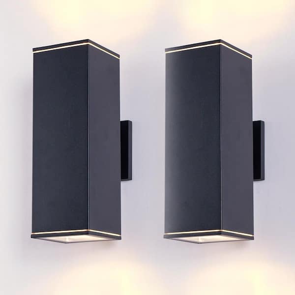 Black Modern Square Aluminum Waterproof Outdoor Sconce - 14 in. for Porch Patio Garage (No Bulb), 2 Packs