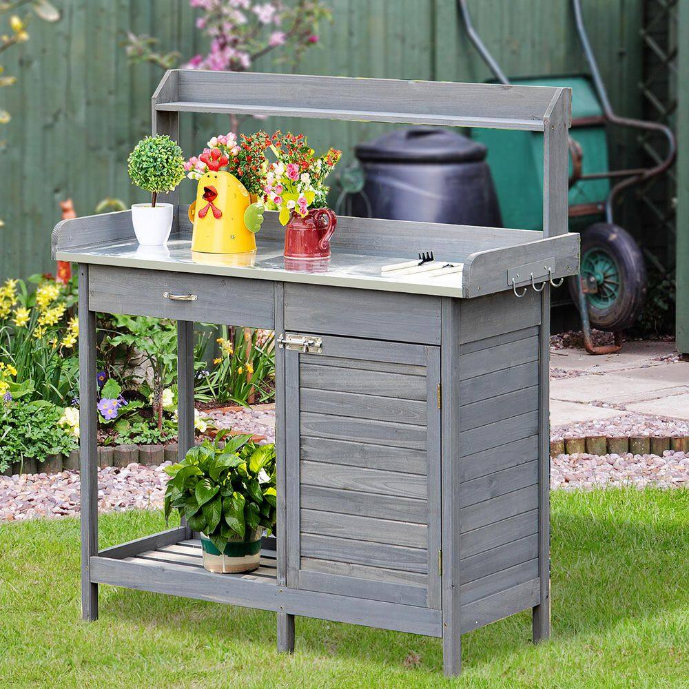 Coporesell Gray Wooden Open Shelf Potting Bench Table with Storage ...